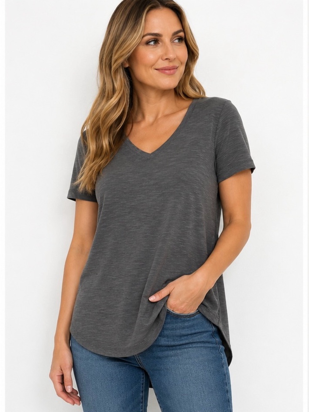 Mod Ref Gray Modal V-Neck High Low Tunic Top Medium